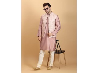 Ethluxis Men Silk Blend Kurta Jacket Set with Mandarin Collar