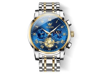 OLEVS chronograph Men's Stainless Steel Watch (Blue Dial Silver Colored Strap)